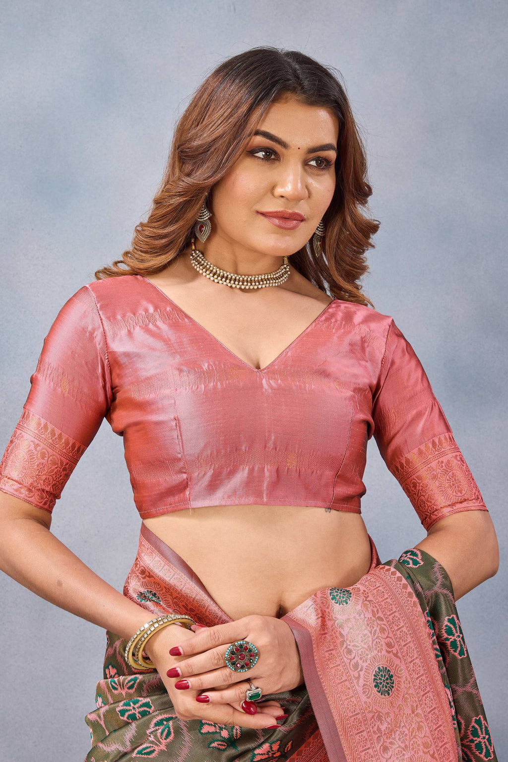 Divine International Trading Co Green Pink Soft Silk Blend Banarasi Jacuard Work Designer Party Wear Saree With Unstitched Blouse Piece | Grocsy