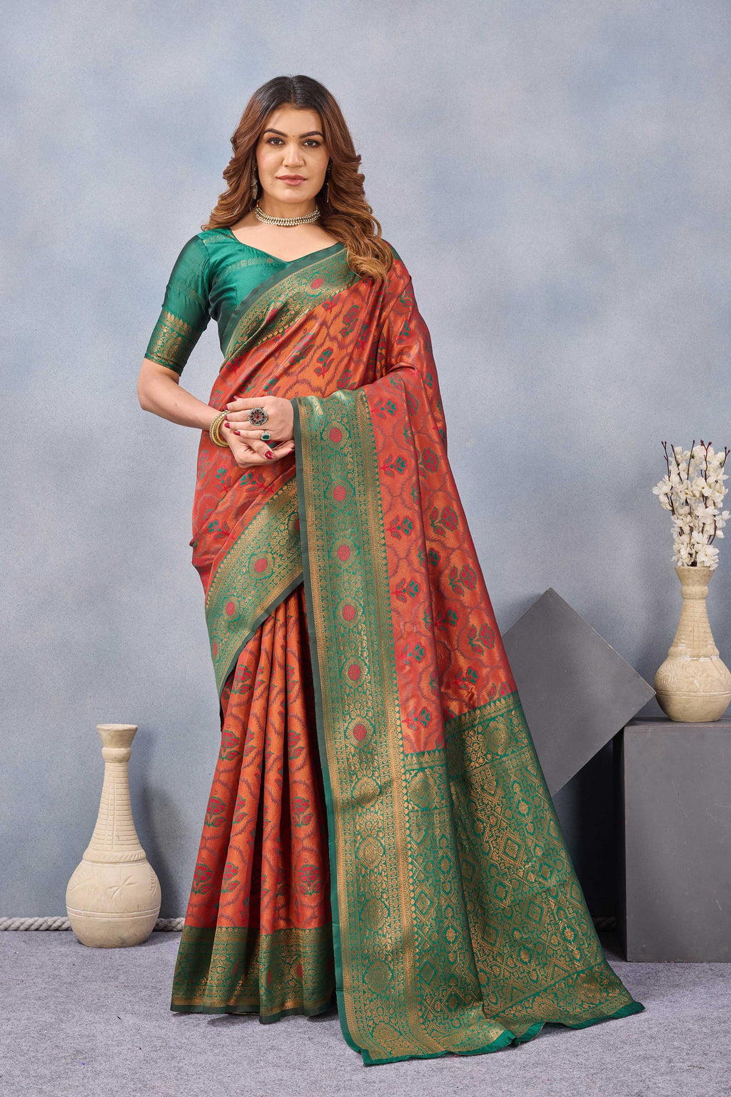 Divine International Trading Co Orange Green Soft Silk Blend Banarasi Jacuard Work Designer Party Wear Saree With Unstitched Blouse Piece | Grocsy