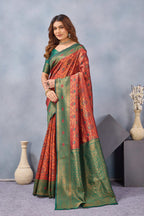 Divine International Trading Co Orange Green Soft Silk Blend Banarasi Jacuard Work Designer Party Wear Saree With Unstitched Blouse Piece | Grocsy