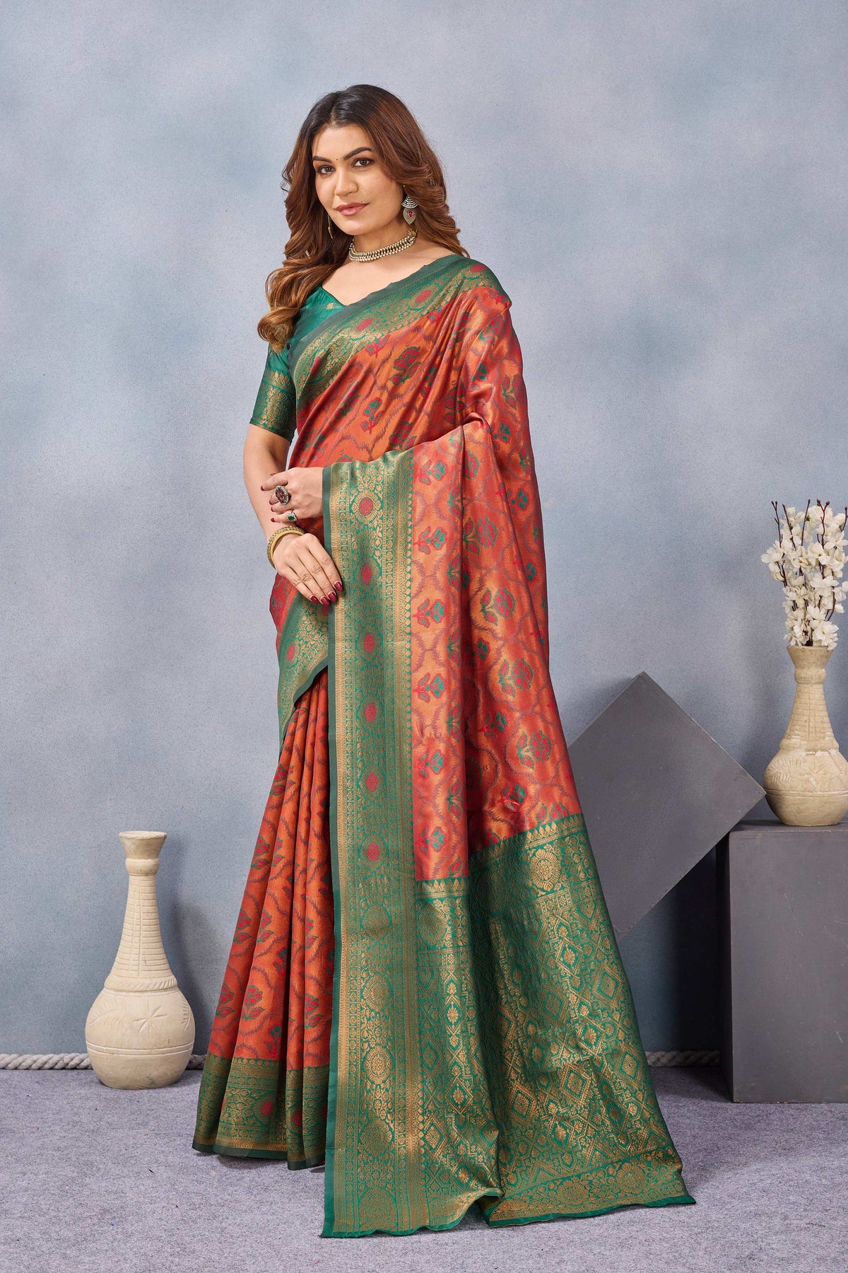 Divine International Trading Co Orange Green Soft Silk Blend Banarasi Jacuard Work Designer Party Wear Saree With Unstitched Blouse Piece | Grocsy