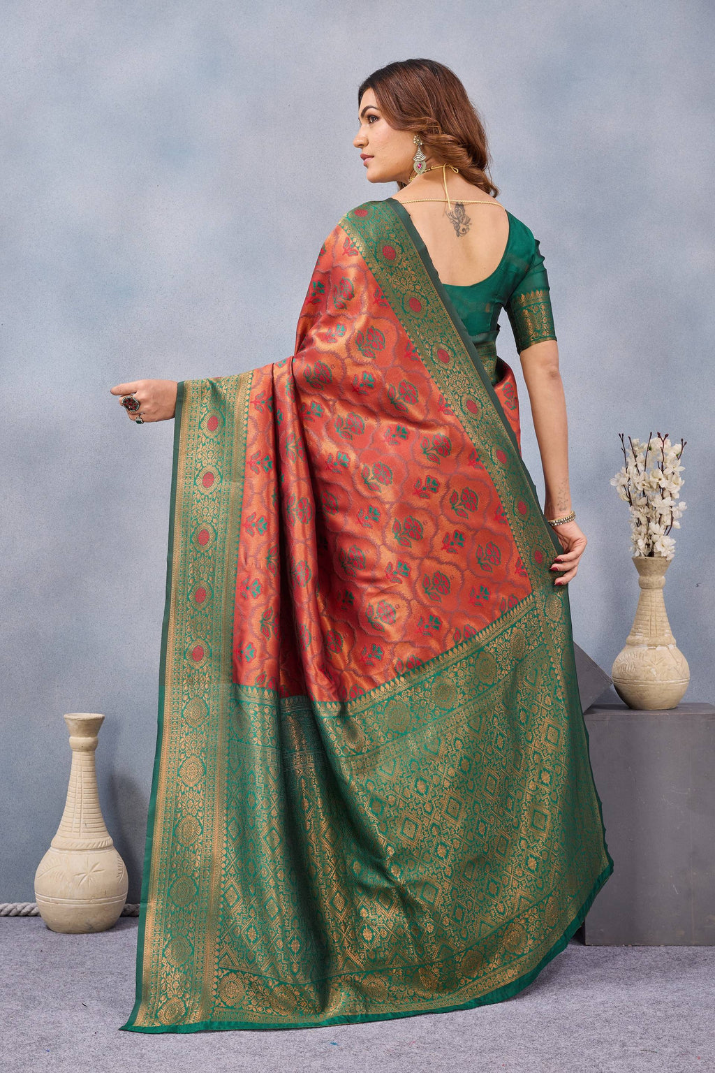 Divine International Trading Co Orange Green Soft Silk Blend Banarasi Jacuard Work Designer Party Wear Saree With Unstitched Blouse Piece | Grocsy