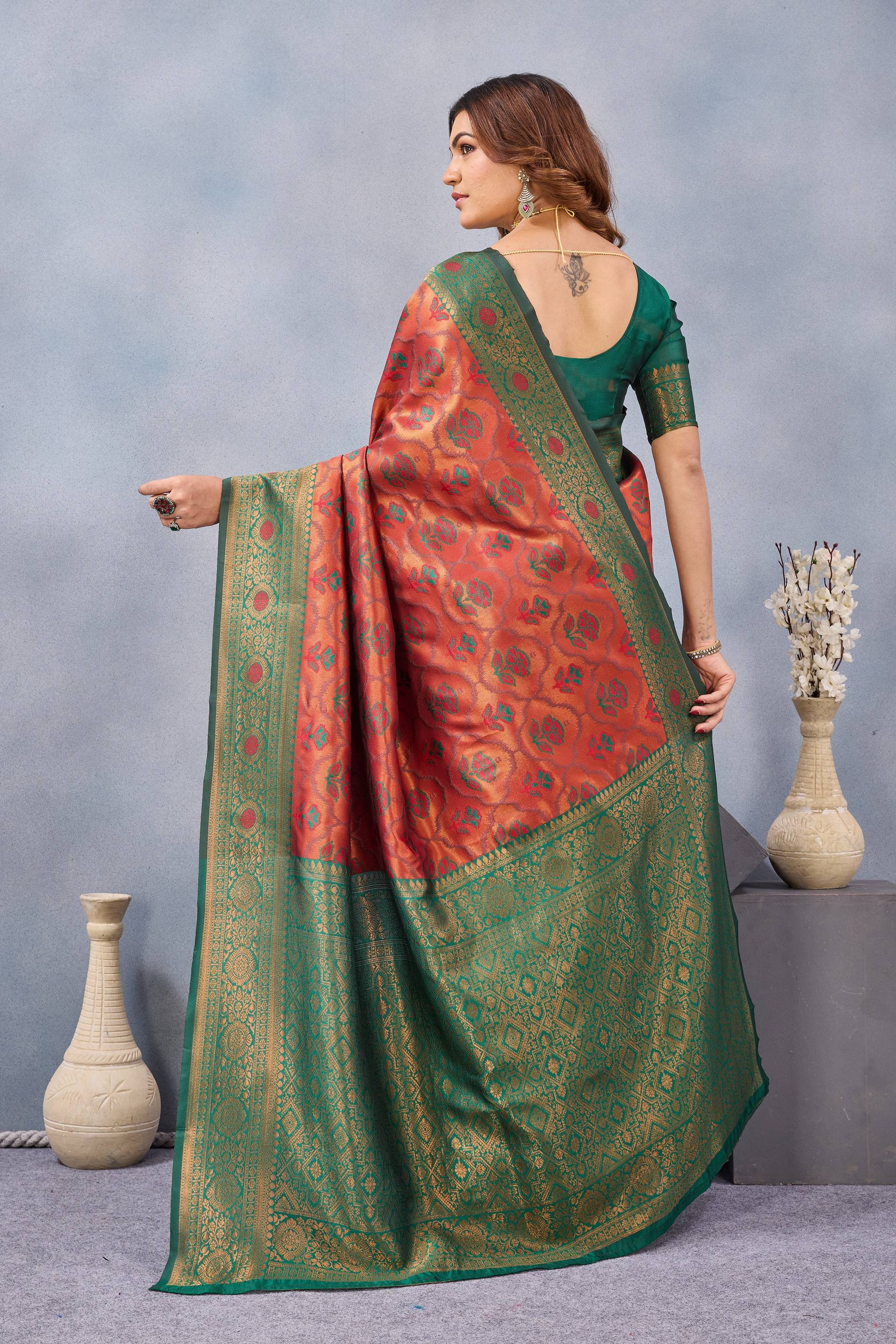 Divine International Trading Co Orange Green Soft Silk Blend Banarasi Jacuard Work Designer Party Wear Saree With Unstitched Blouse Piece | Grocsy