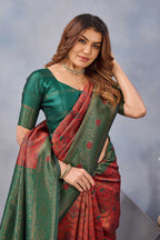 Divine International Trading Co Orange Green Soft Silk Blend Banarasi Jacuard Work Designer Party Wear Saree With Unstitched Blouse Piece | Grocsy