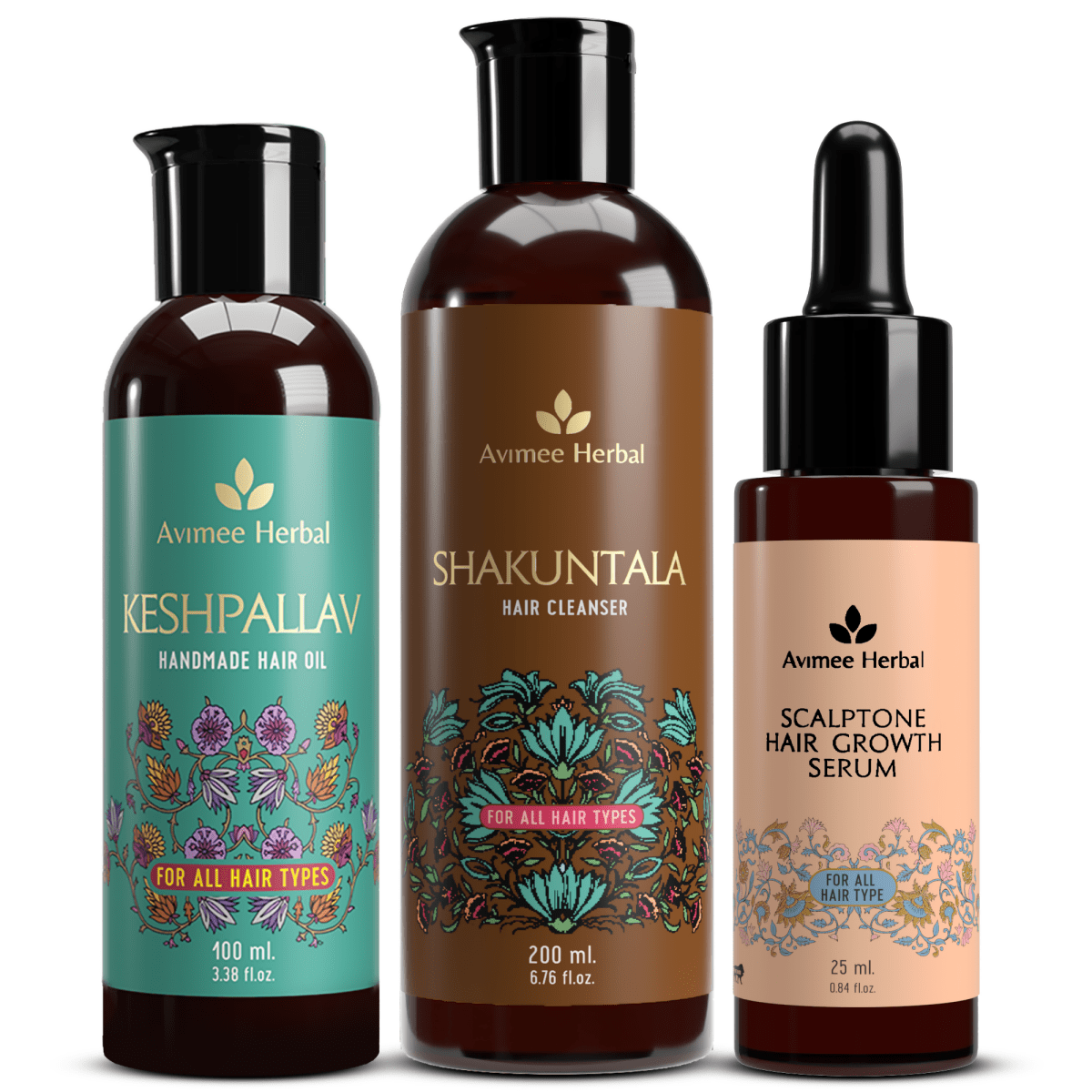 Avimee Herbal Hair Growth Kit: Keshpallav Hair Oil, Shakuntala Hair Cleanser And Scalptone Hair Growth Serum | Grocsy