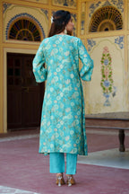 Vaasva Women Aqua Muslin Pleated Kurta & Pant Clothing Set | Grocsy