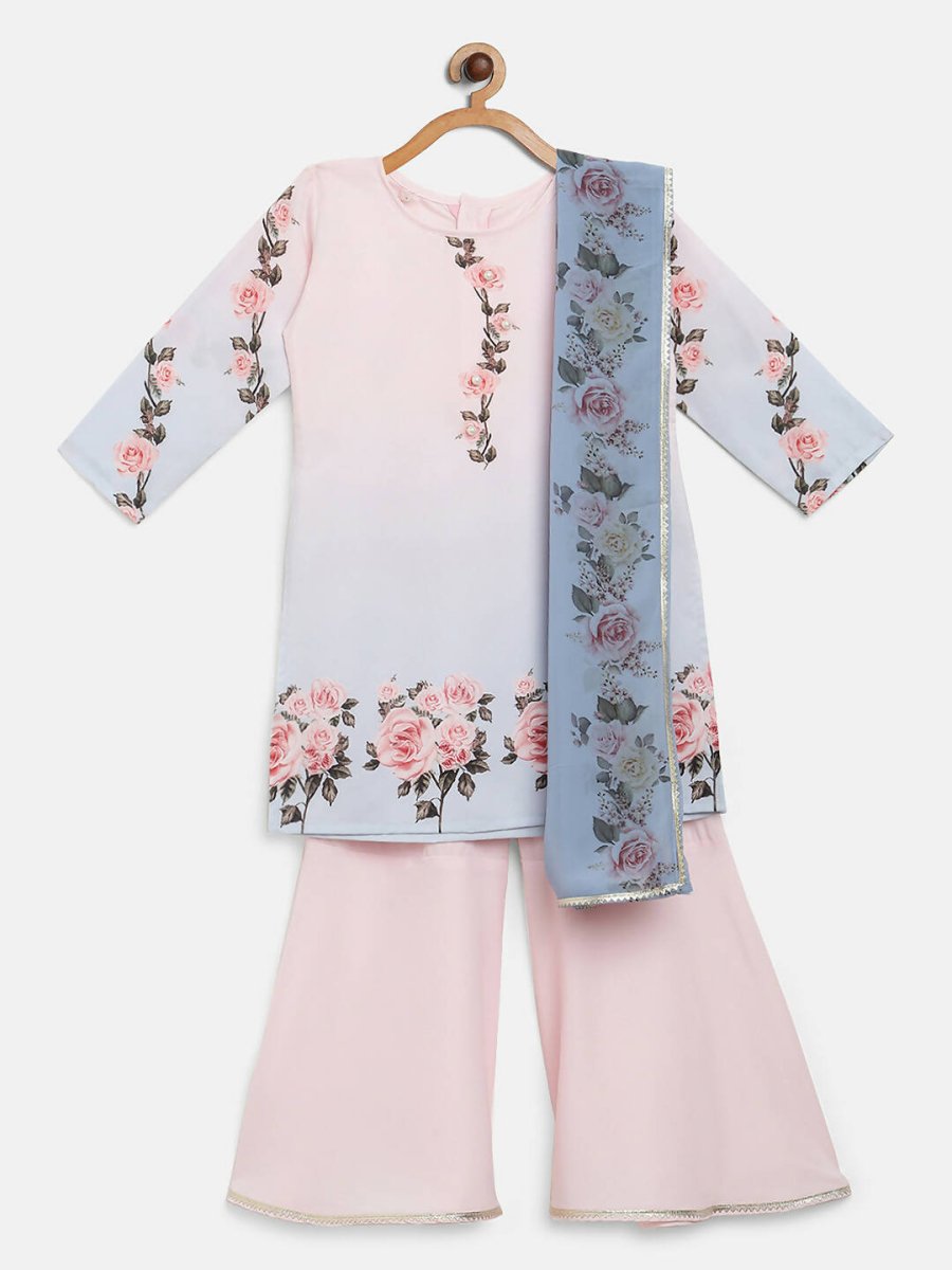 Ahalyaa Pink Crepe Floral Print Kids Kurta Sharara Set With Dupatta For Girls | Grocsy