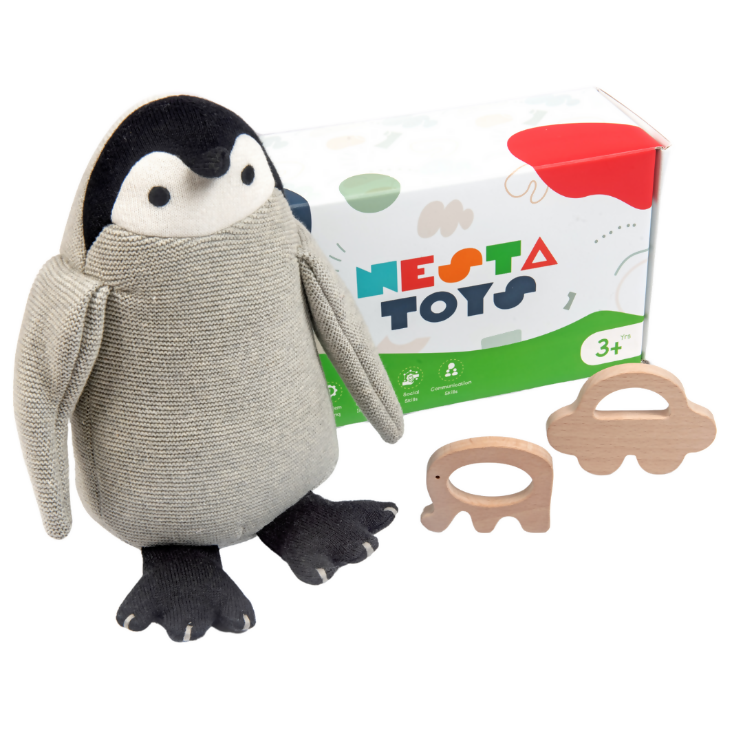 Nesta Toys Newborn Gift Set - Penguin Plush Toy, Wooden Elephant & Car Teether | Grocsy