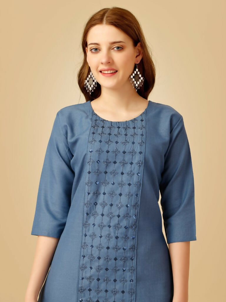 Jyoti Fashion Women's Denim Blue Cotton Blend Embroidered Kurta Pant Set | Grocsy