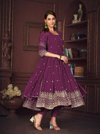 Jyoti Fashion Women's Purple Georgette Embroidered Anarkali Kurta Pant Set With Dupatta | Grocsy