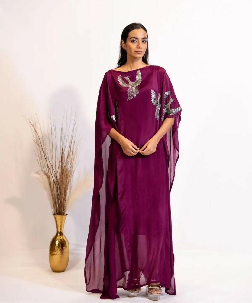 Timaraa Plum Hand Embellished Bird Kaftan Dress | Grocsy