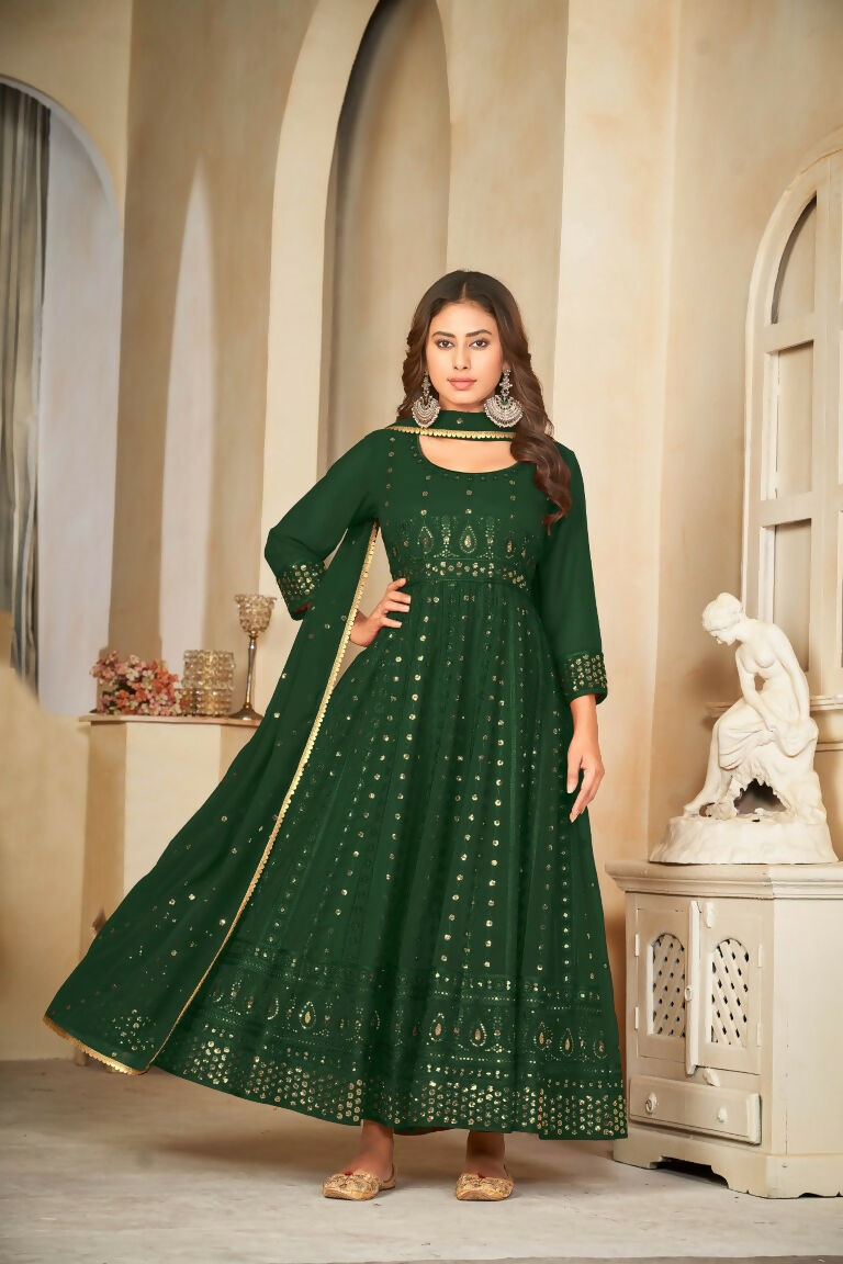 Jyoti Fashion Women's Green Georgette Embroidered Anarkali Kurta Pant Set With Dupatta | Grocsy