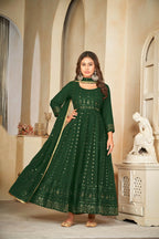 Jyoti Fashion Women's Green Georgette Embroidered Anarkali Kurta Pant Set With Dupatta | Grocsy