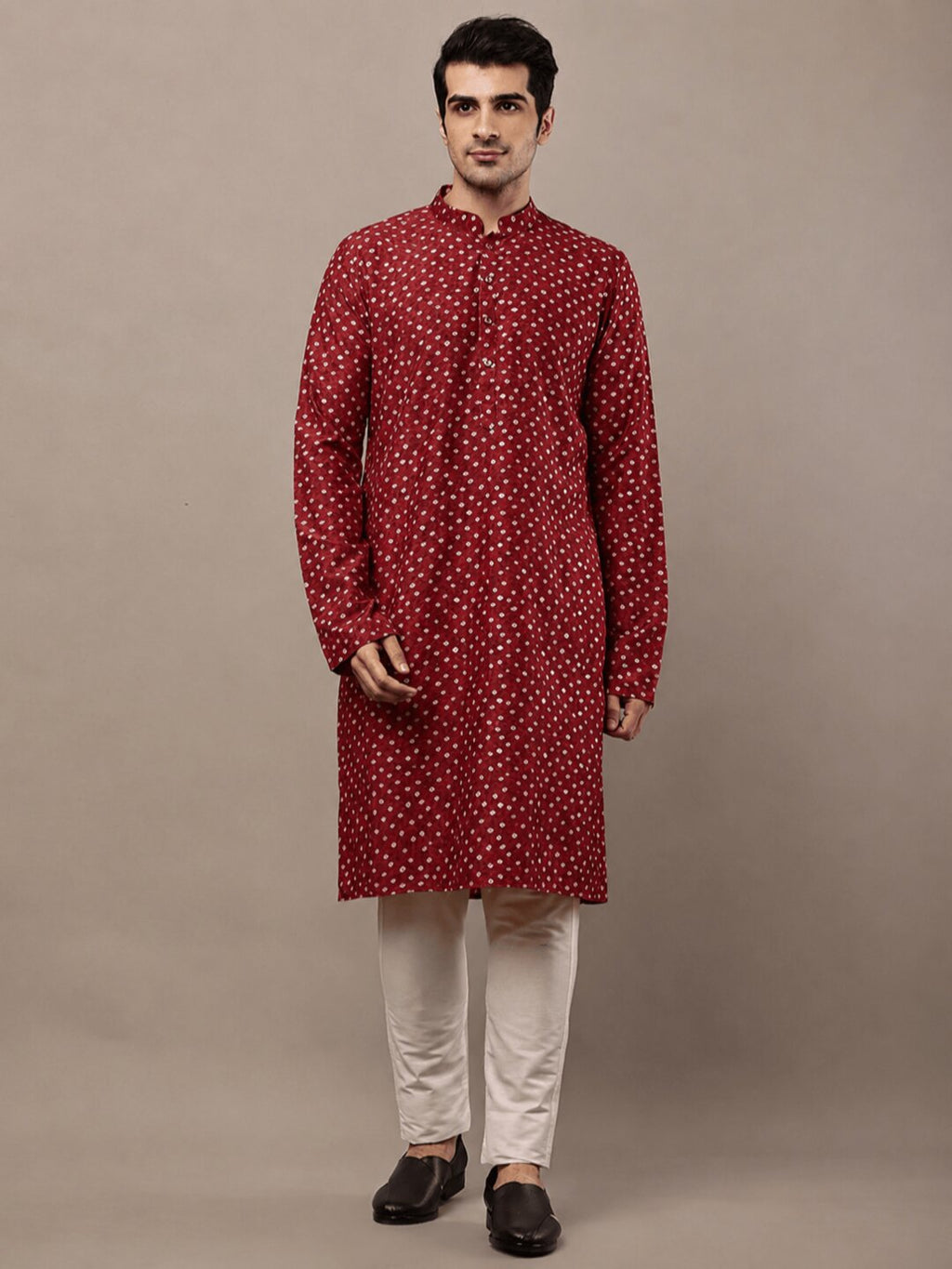 MULTI SHADES Men’s Red Printed Kurta with Cream Pyjama & All-Over Ethnic Motifs Set With Cream Pyjama | Grocsy