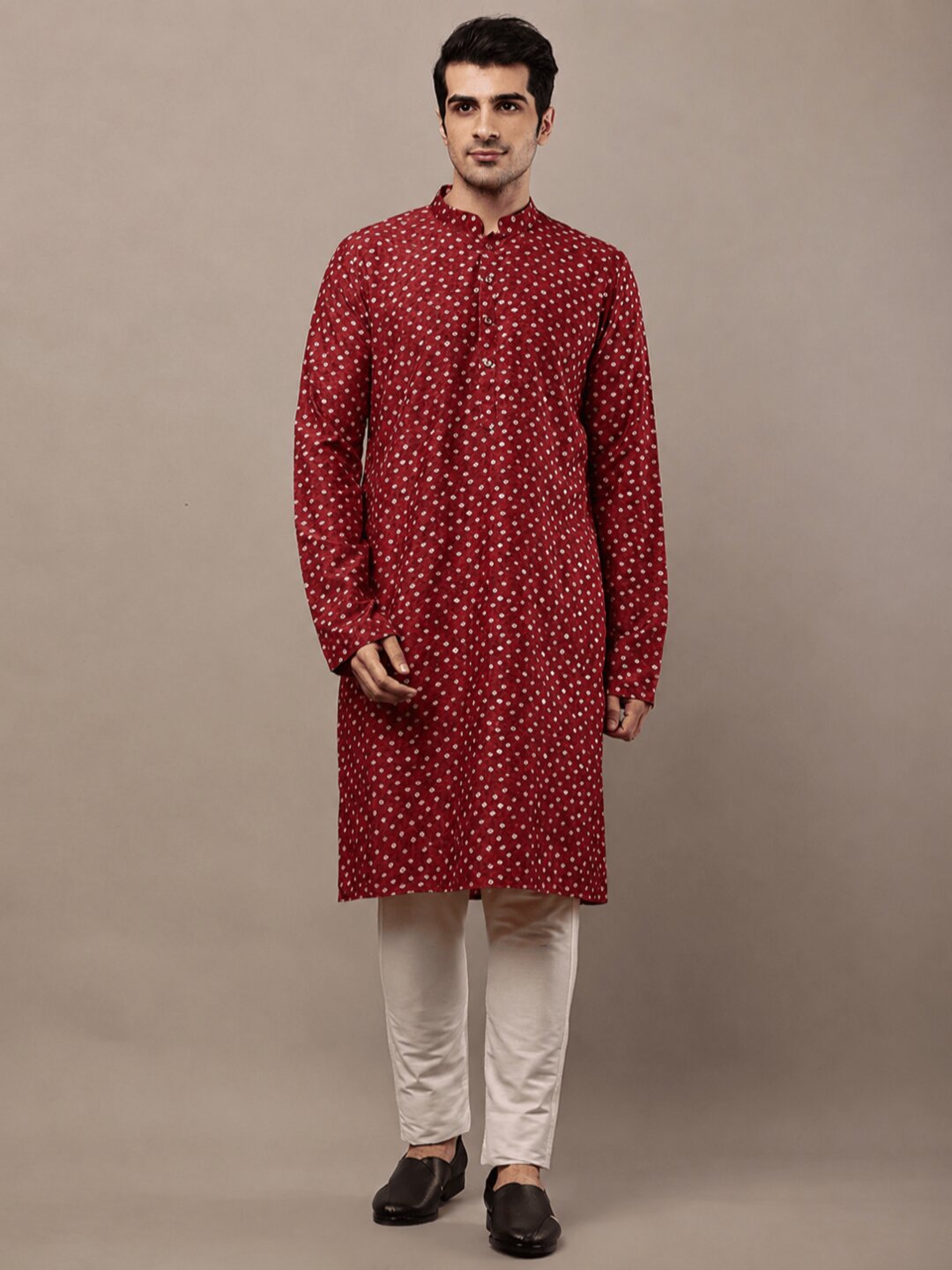 MULTI SHADES Men’s Red Printed Kurta with Cream Pyjama & All-Over Ethnic Motifs Set With Cream Pyjama | Grocsy