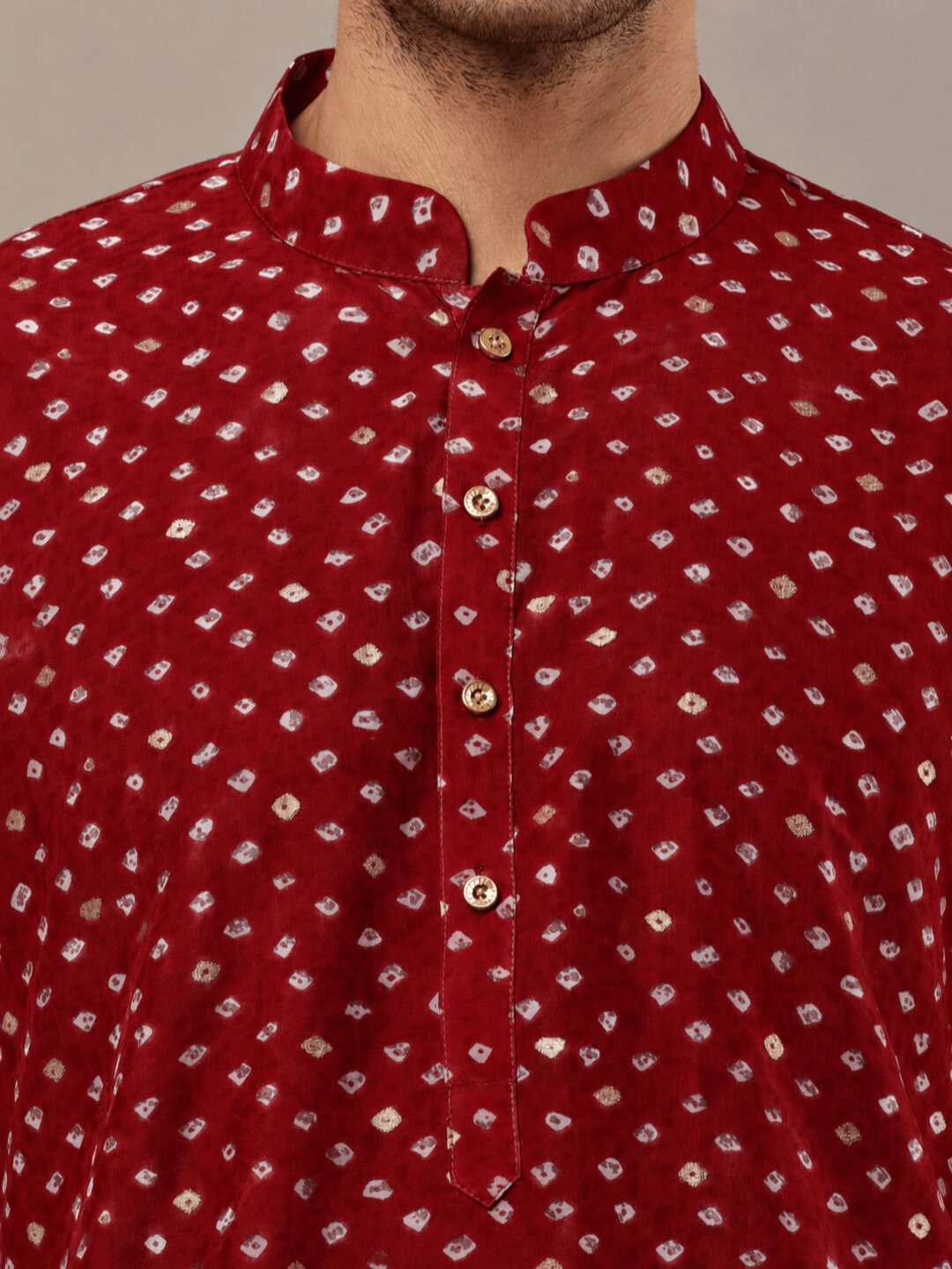 MULTI SHADES Men’s Red Printed Kurta with Cream Pyjama & All-Over Ethnic Motifs Set With Cream Pyjama | Grocsy