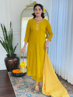 The52 Yellow Women's Beautiful Embroidered Rayon Fabric with Straight Kurta, Pant and Dupatta Set | Grocsy