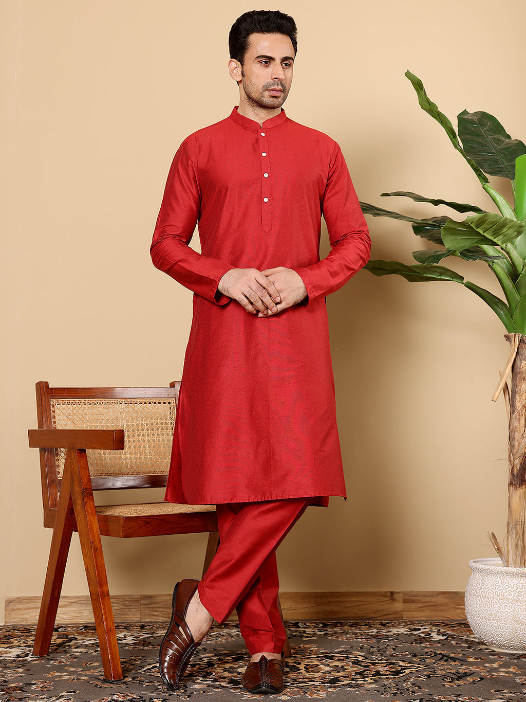 MULTI SHADES Men's Long Sleeve Mandarin Collar Red Straight Viscose Silk Kurta | Grocsy