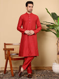 MULTI SHADES Men's Long Sleeve Mandarin Collar Red Straight Viscose Silk Kurta | Grocsy