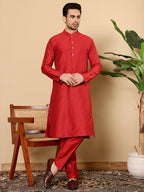 MULTI SHADES Men's Long Sleeve Mandarin Collar Red Straight Viscose Silk Kurta | Grocsy
