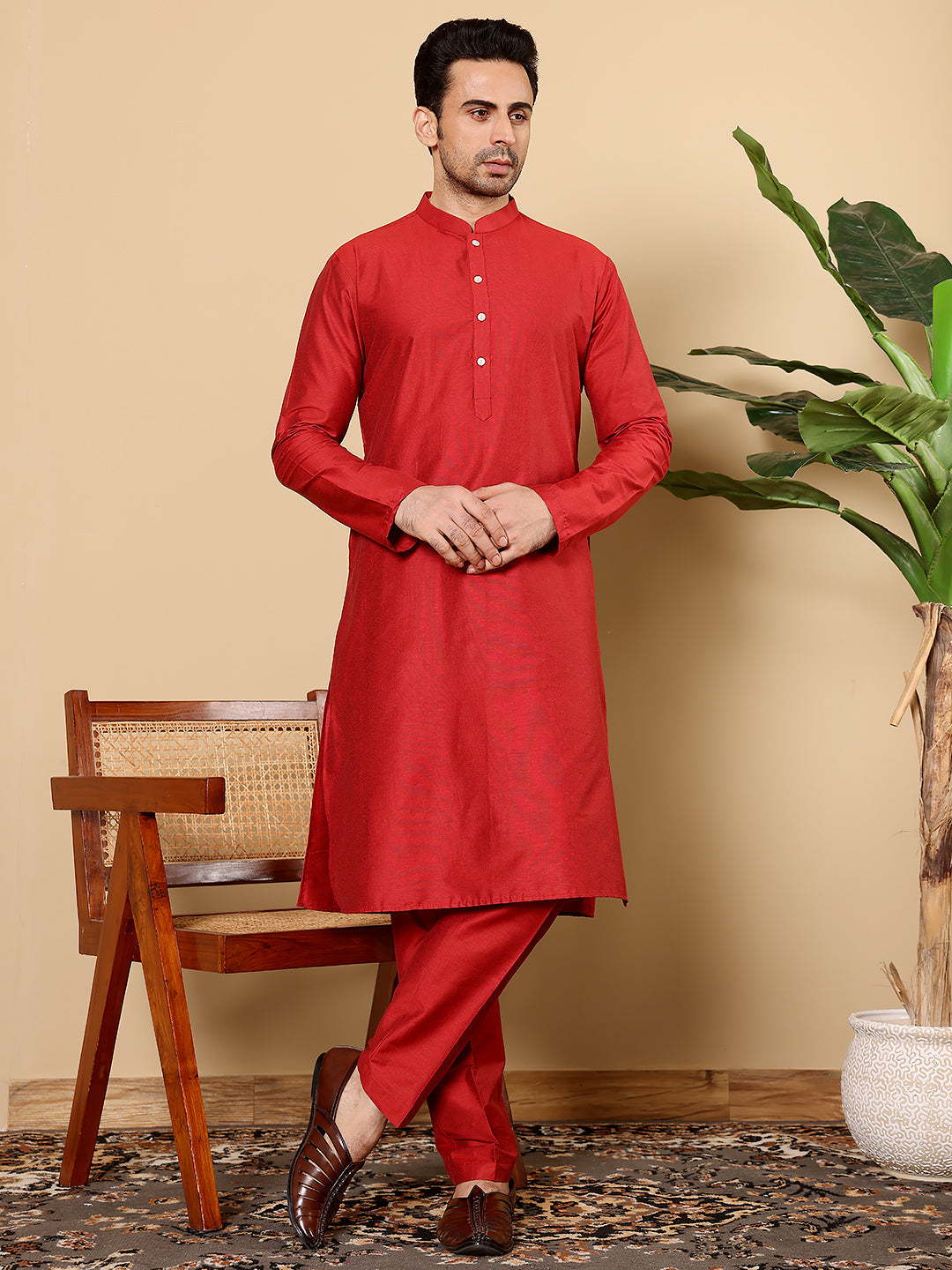 MULTI SHADES Men's Long Sleeve Mandarin Collar Red Straight Viscose Silk Kurta | Grocsy