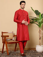 MULTI SHADES Men's Long Sleeve Mandarin Collar Red Straight Viscose Silk Kurta | Grocsy