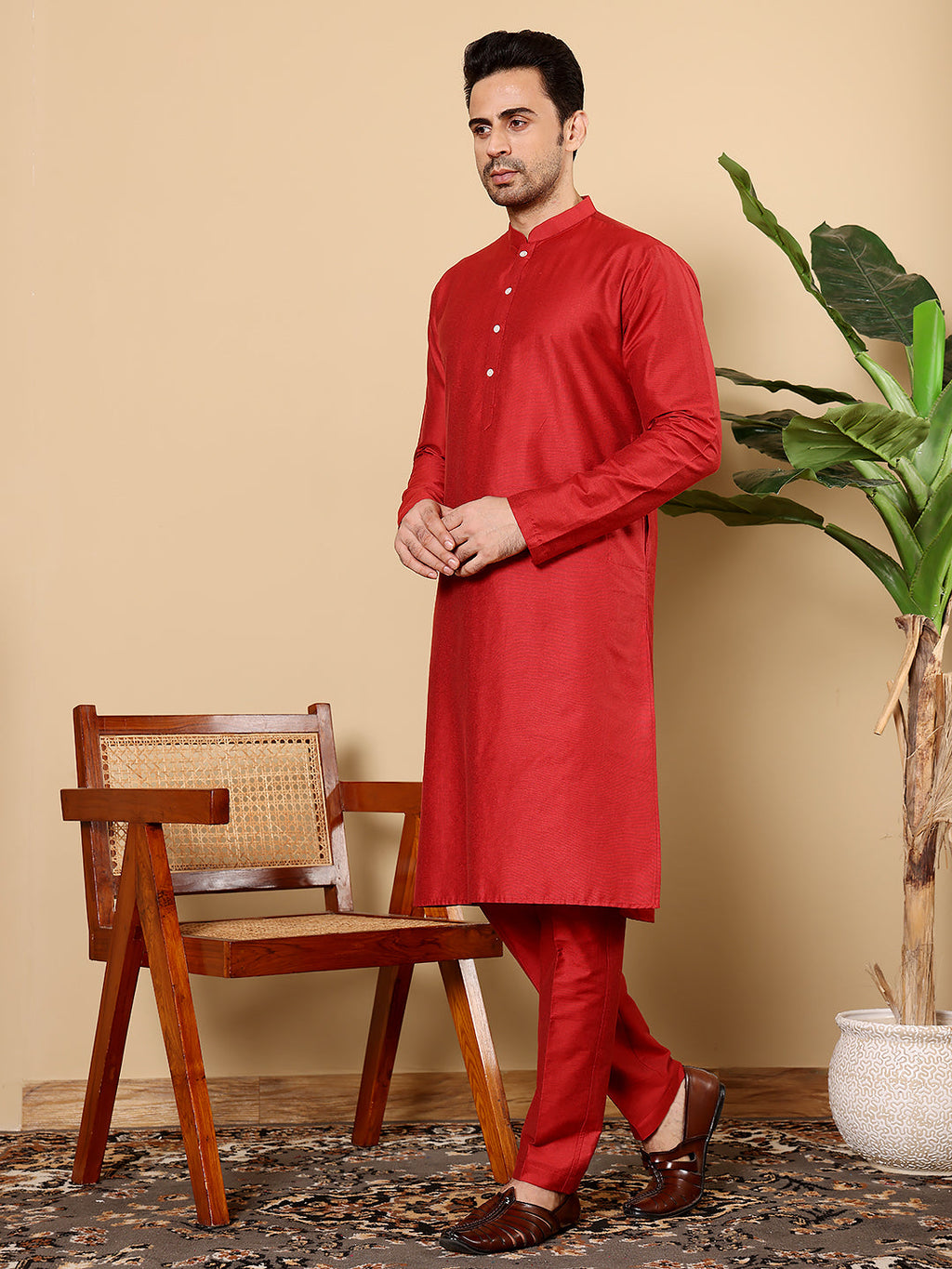 MULTI SHADES Men's Long Sleeve Mandarin Collar Red Straight Viscose Silk Kurta | Grocsy