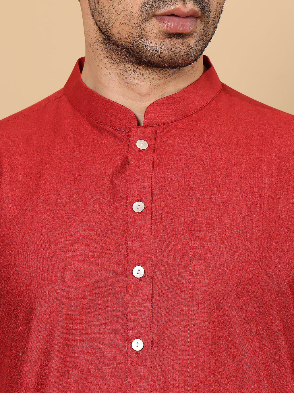 MULTI SHADES Men's Long Sleeve Mandarin Collar Red Straight Viscose Silk Kurta | Grocsy