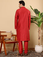 MULTI SHADES Men's Long Sleeve Mandarin Collar Red Straight Viscose Silk Kurta | Grocsy