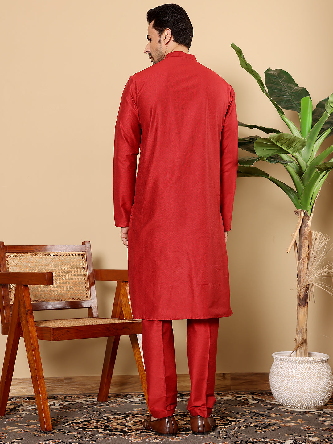 MULTI SHADES Men's Long Sleeve Mandarin Collar Red Straight Viscose Silk Kurta | Grocsy