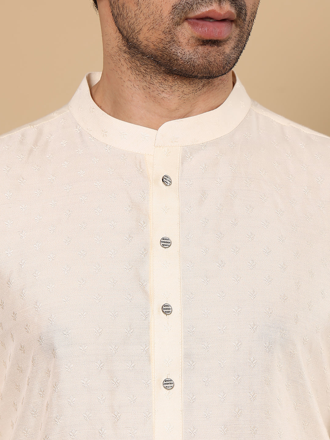 MULTI SHADES Men's Off White Straight Viscose Silk Kurta With Textured Effect And Off White Solid Trouser Style Churidar | Grocsy
