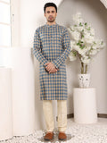 MULTI SHADES Men's Elegant Printed Blue And Cream Straight Cotton Kurta,Cream Solid Trouser Style Churidar | Grocsy