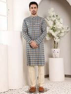 MULTI SHADES Men's Elegant Printed Blue And Cream Straight Cotton Kurta,Cream Solid Trouser Style Churidar | Grocsy