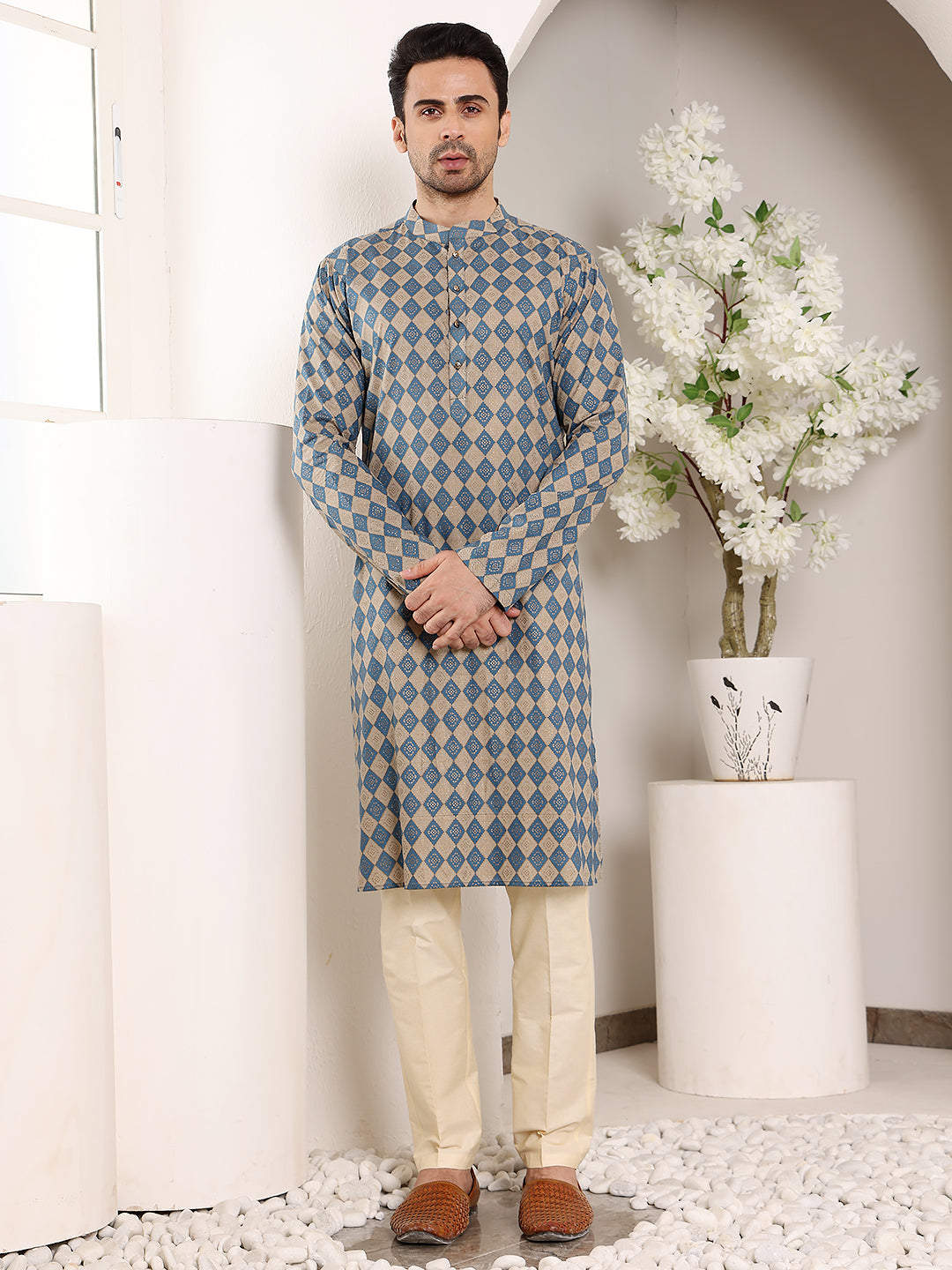 MULTI SHADES Men's Elegant Printed Blue And Cream Straight Cotton Kurta,Cream Solid Trouser Style Churidar | Grocsy