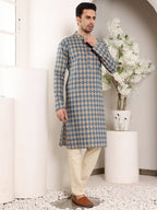 MULTI SHADES Men's Elegant Printed Blue And Cream Straight Cotton Kurta,Cream Solid Trouser Style Churidar | Grocsy