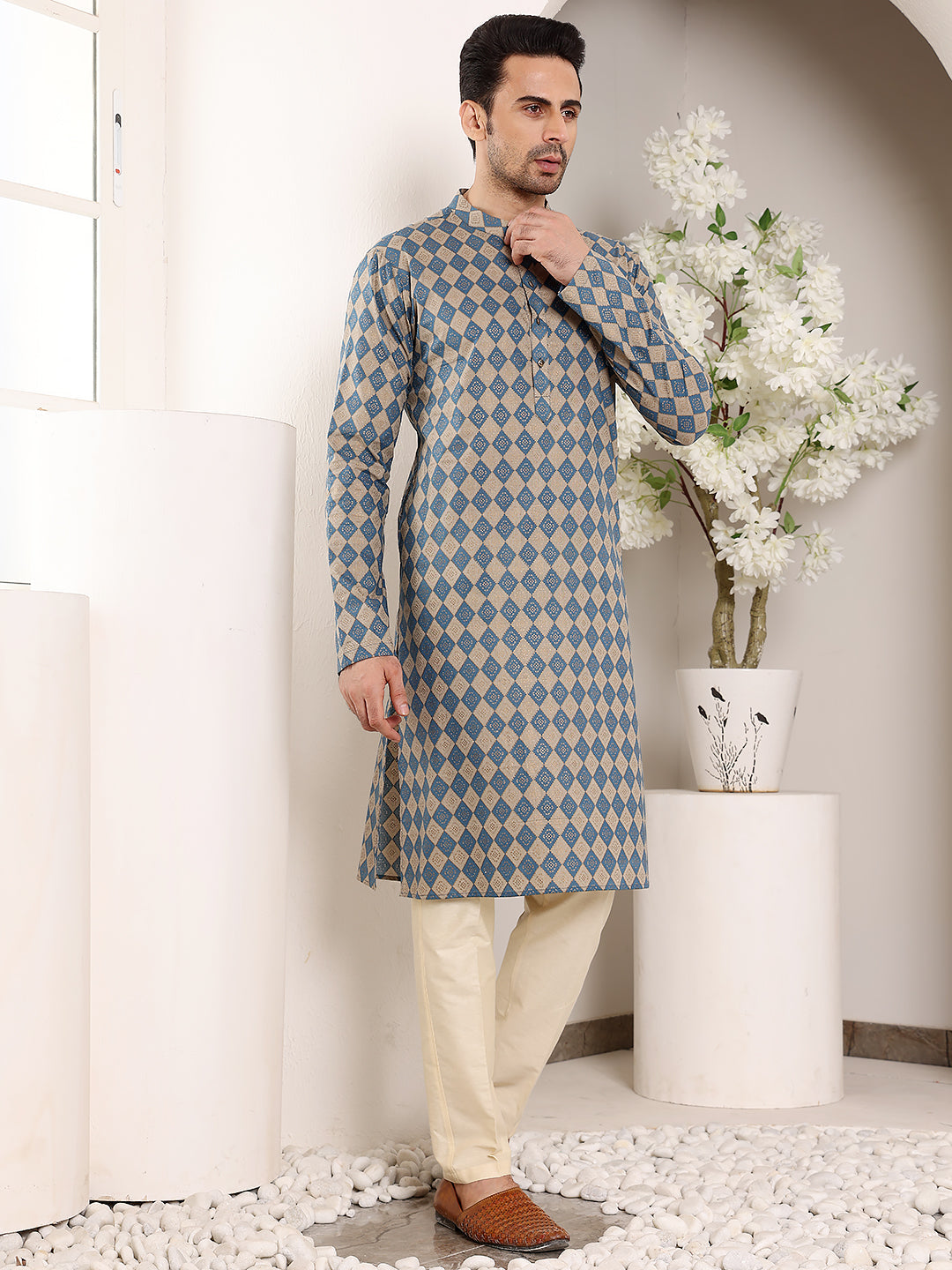MULTI SHADES Men's Elegant Printed Blue And Cream Straight Cotton Kurta,Cream Solid Trouser Style Churidar | Grocsy