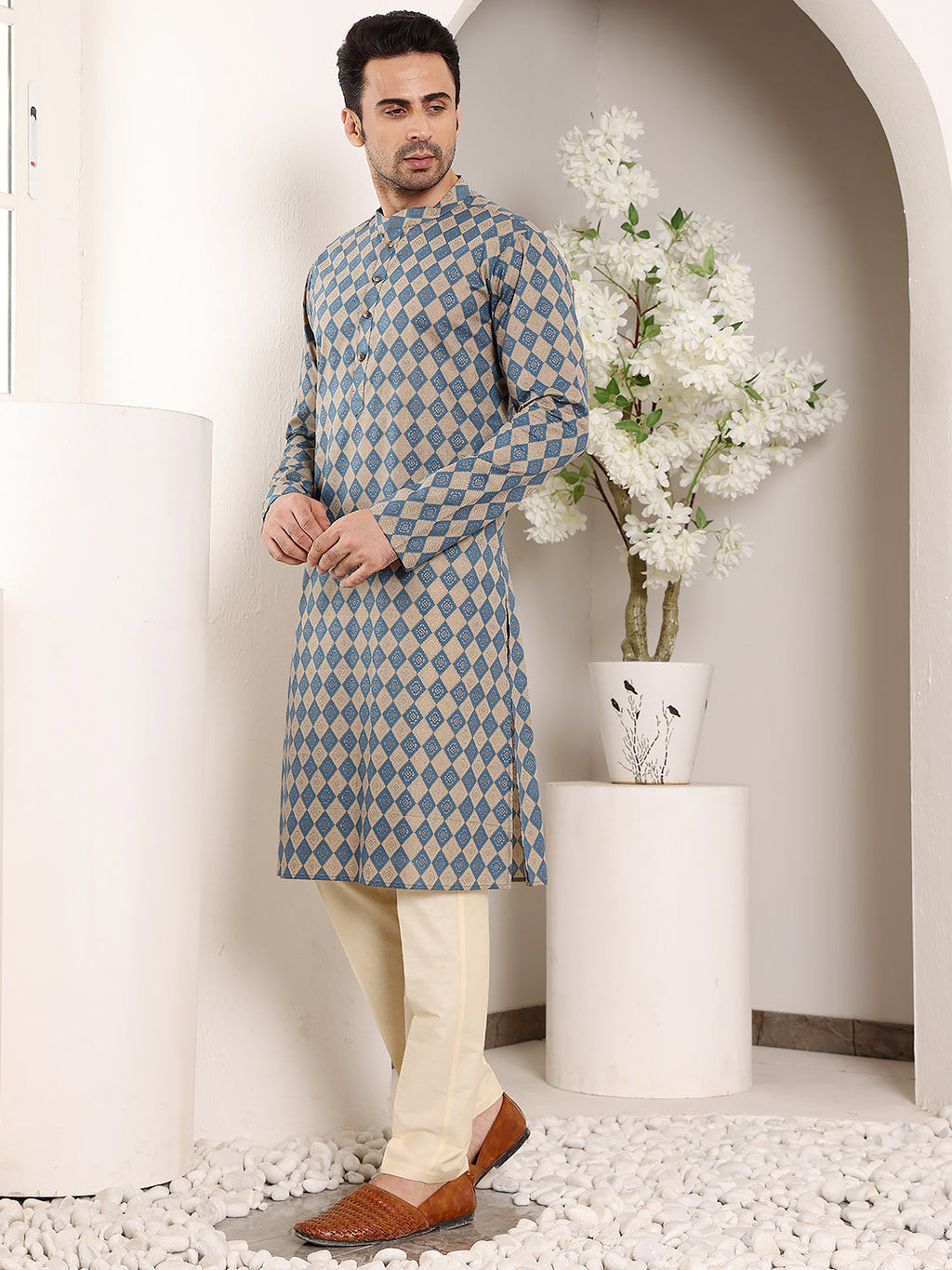 MULTI SHADES Men's Elegant Printed Blue And Cream Straight Cotton Kurta,Cream Solid Trouser Style Churidar | Grocsy