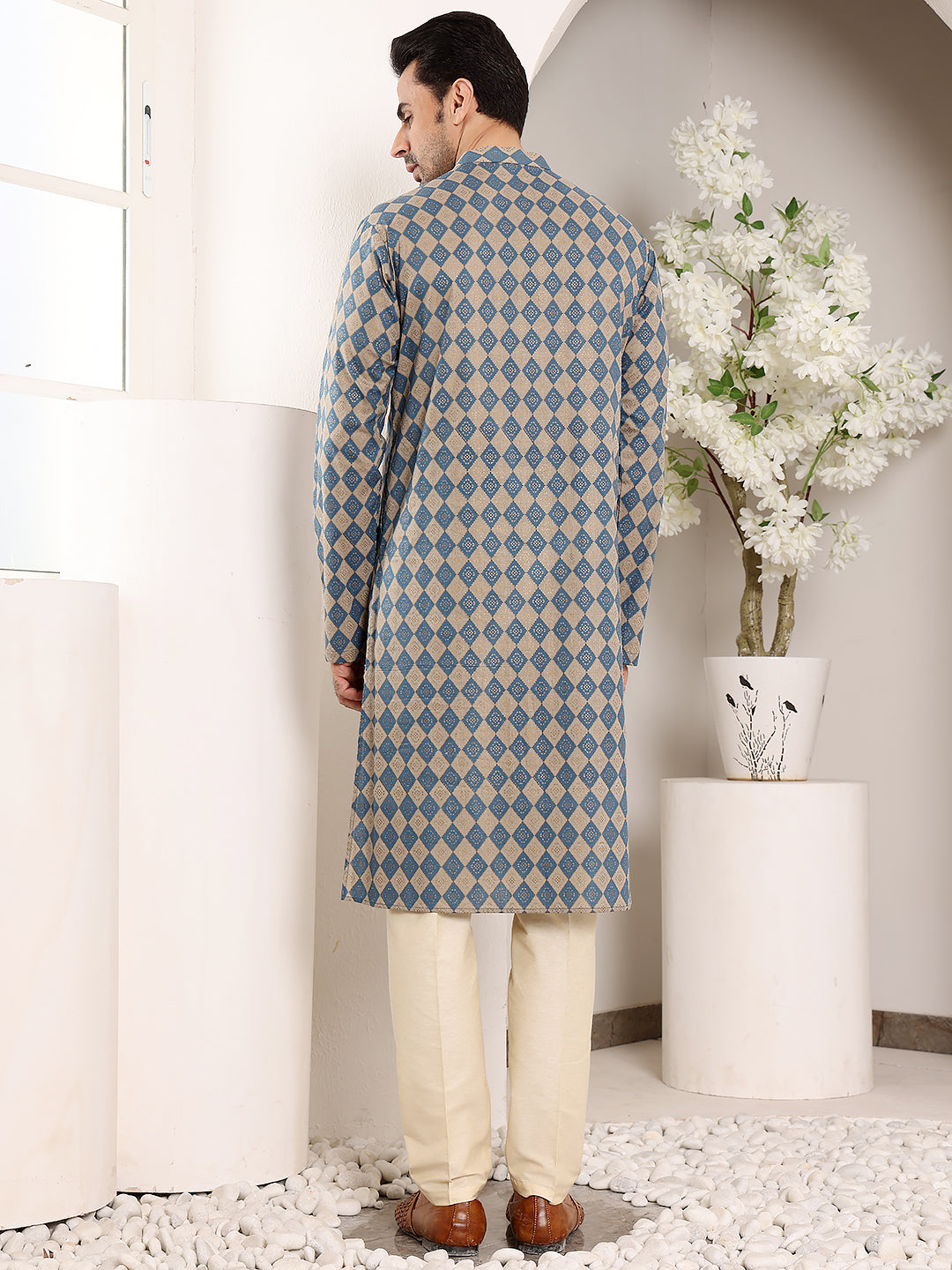 MULTI SHADES Men's Elegant Printed Blue And Cream Straight Cotton Kurta,Cream Solid Trouser Style Churidar | Grocsy