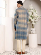 MULTI SHADES Men's Long Sleeve Mandarin Collar Elegant Printed Blue And Cream Straight Cotton Kurta | Grocsy