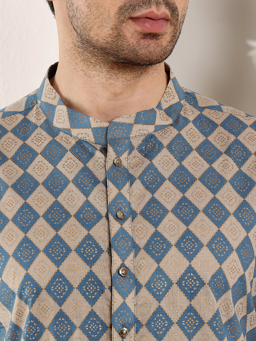 MULTI SHADES Men's Elegant Printed Blue And Cream Straight Cotton Kurta,Cream Solid Trouser Style Churidar | Grocsy
