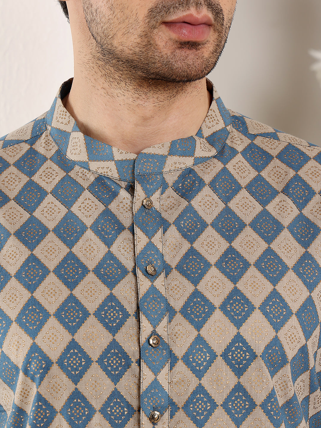 MULTI SHADES Men's Elegant Printed Blue And Cream Straight Cotton Kurta,Cream Solid Trouser Style Churidar | Grocsy