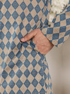 MULTI SHADES Men's Elegant Printed Blue And Cream Straight Cotton Kurta,Cream Solid Trouser Style Churidar | Grocsy
