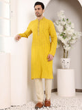 MULTI SHADES Men's Long Sleeve Mandarin Collar Straight Yellow Cotton Kurta With Thread Embroidery | Grocsy