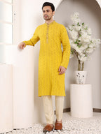 MULTI SHADES Men's Long Sleeve Mandarin Collar Straight Yellow Cotton Kurta With Thread Embroidery | Grocsy