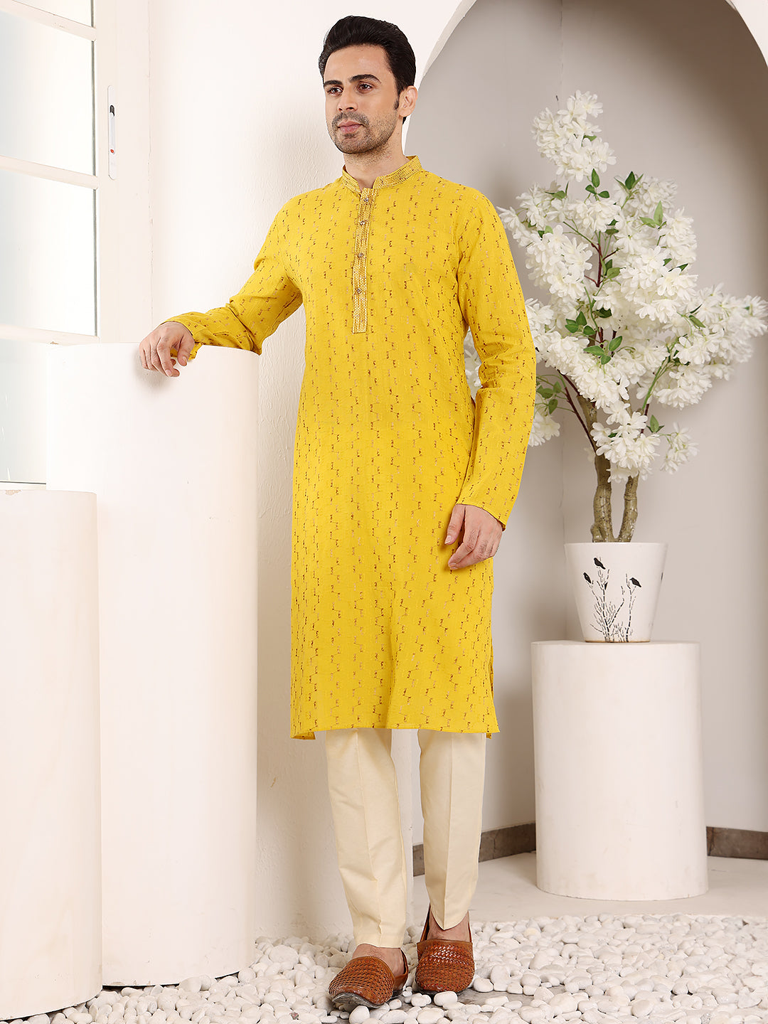MULTI SHADES Men's Long Sleeve Mandarin Collar Straight Yellow Cotton Kurta With Thread Embroidery | Grocsy
