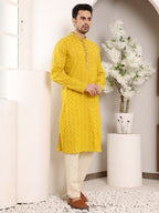 MULTI SHADES Men's Long Sleeve Mandarin Collar Straight Yellow Cotton Kurta With Thread Embroidery | Grocsy