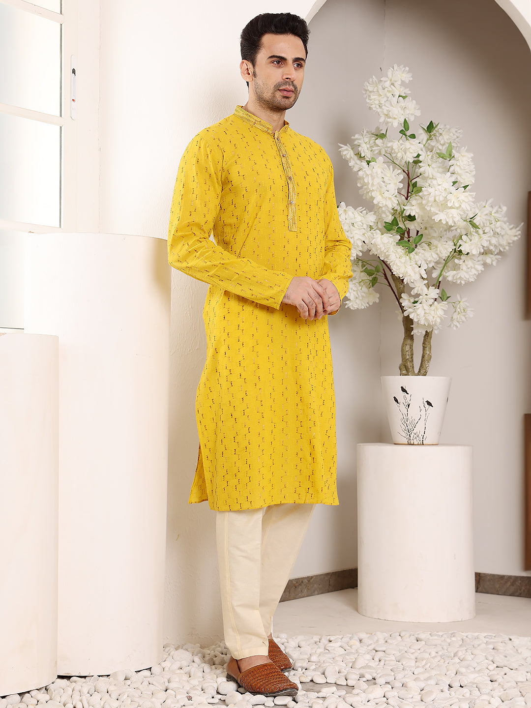MULTI SHADES Men's Long Sleeve Mandarin Collar Straight Yellow Cotton Kurta With Thread Embroidery | Grocsy