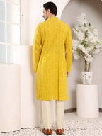 MULTI SHADES Men's Long Sleeve Mandarin Collar Straight Yellow Cotton Kurta With Thread Embroidery | Grocsy