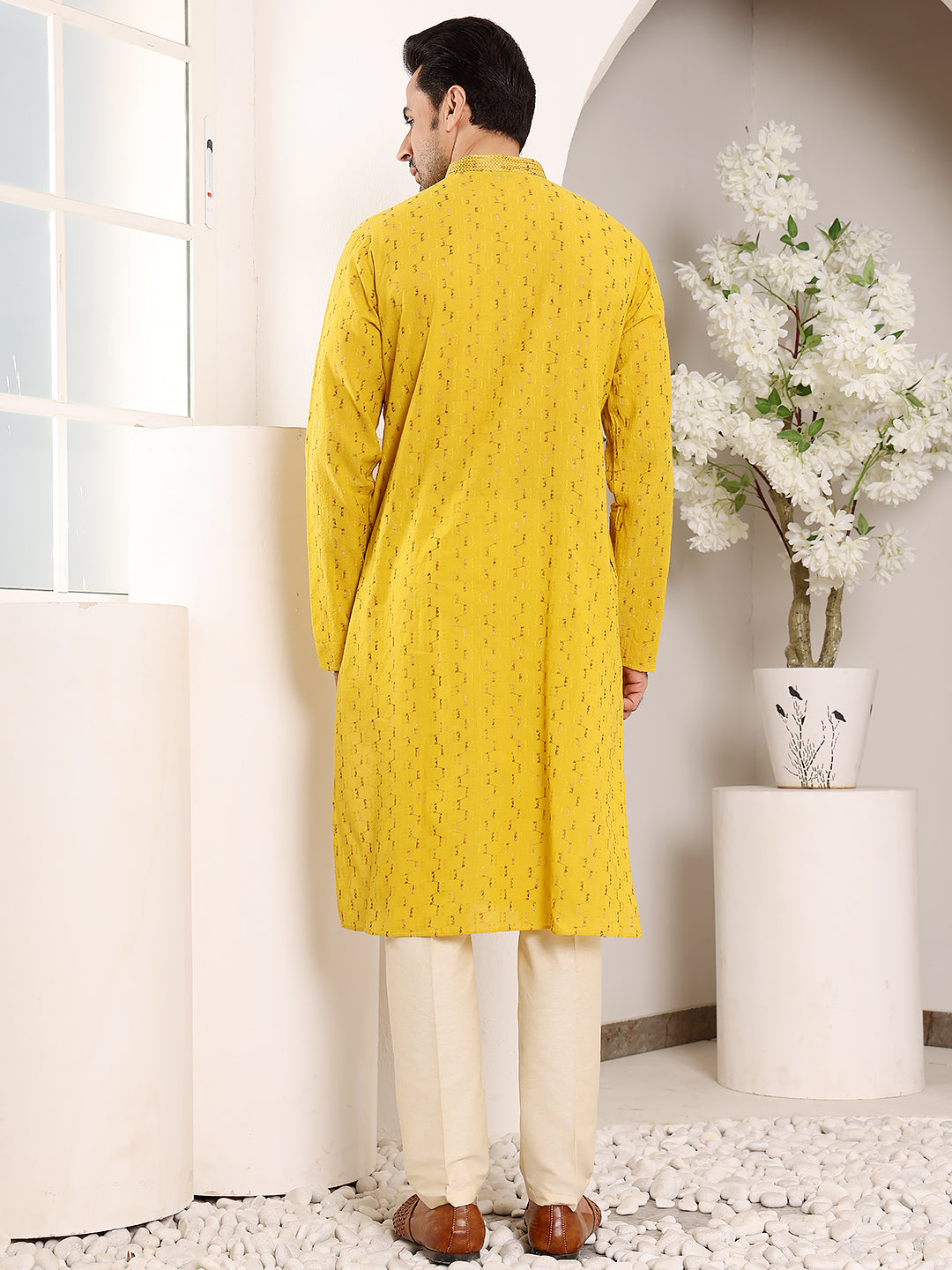 MULTI SHADES Men's Long Sleeve Mandarin Collar Straight Yellow Cotton Kurta With Thread Embroidery | Grocsy