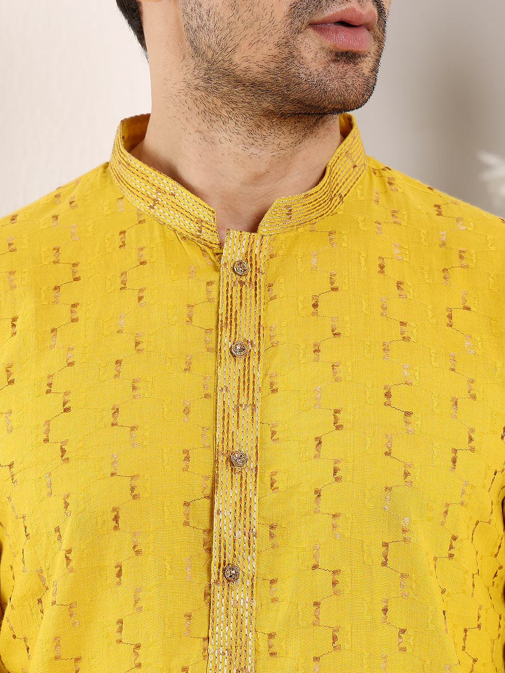 MULTI SHADES Men's Long Sleeve Mandarin Collar Straight Yellow Cotton Kurta With Thread Embroidery | Grocsy