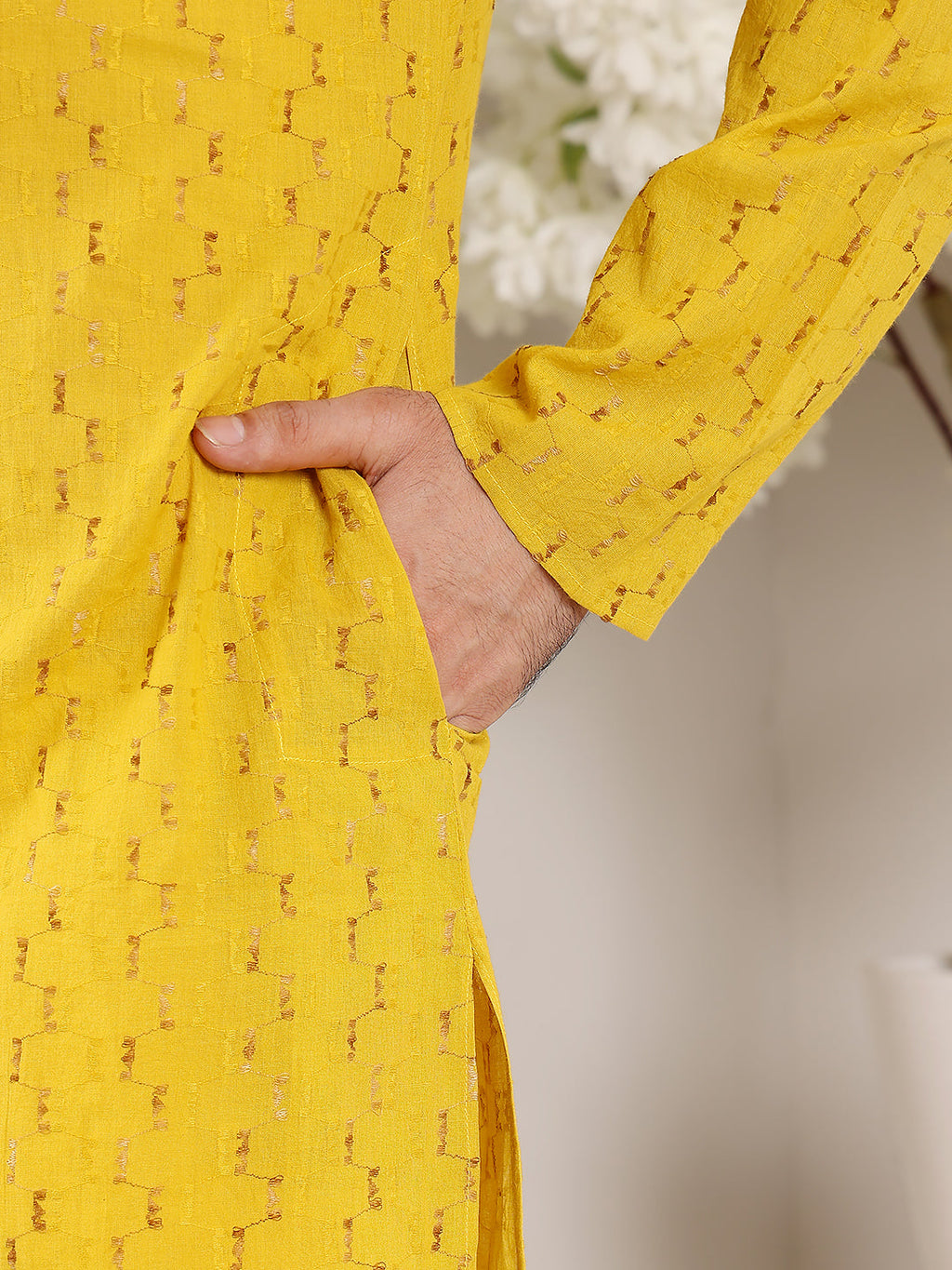MULTI SHADES Men's Long Sleeve Mandarin Collar Straight Yellow Cotton Kurta With Thread Embroidery | Grocsy